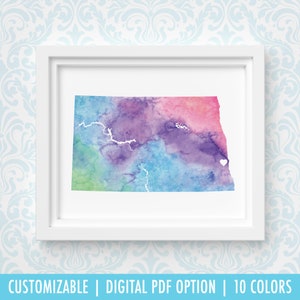 Impression du Dakota du Nord, art de carte personnalisé, aquarelle originale, impression de carte de coeur, cadeau de Noël personnalisé ou cadeau de déménagement