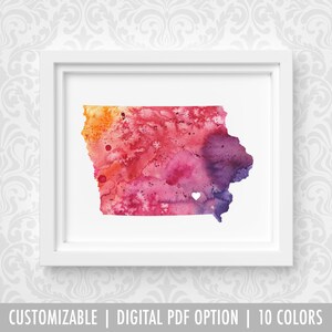 Impression d'art de l'Iowa, art de carte personnalisé, aquarelle originale, impression de carte de coeur, cadeau de Noël personnalisé ou cadeau de déménagement
