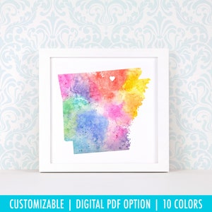 Impression d'art de l'Arkansas, carte d'art personnalisée, aquarelle originale, impression de carte cardiaque, cadeau de Noël personnalisé ou cadeau de déménagement