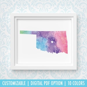 Art mural de carte de l'Oklahoma, impression de coeur personnalisée personnalisée, carte d'état aquarelle de ville natale, cadeau de Noël ou cadeau de déménagement, impression giclée d'art