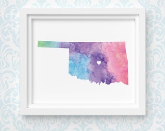 Oklahoma map wall art, custom personalized heart print, hometown watercolor state map, Christmas gift or moving gift, giclée art print