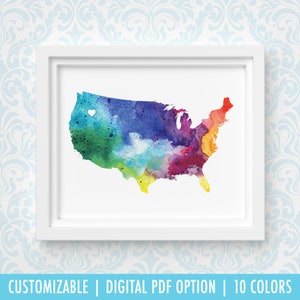 Impression d'art des États-Unis, carte d'art personnalisée, aquarelle originale, impression de carte cardiaque, cadeau de Noël personnalisé ou cadeau de déménagement