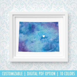 Art mural de carte du Colorado, impression de coeur personnalisée personnalisée, carte d'état aquarelle de ville natale, cadeau de Noël ou cadeau de déménagement, impression giclée d'art