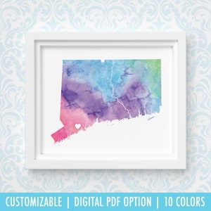 Impression du Connecticut, art de carte personnalisé, aquarelle originale, impression de carte de coeur, cadeau de Noël personnalisé ou cadeau de déménagement