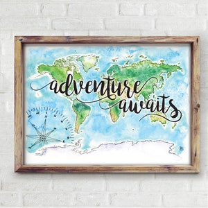 L'aventure vous attend, carte du monde, art mural, cadeau pour nouveau-né ou oeuvre d'art pour chambre d'enfant, cadeau de baby shower, inspiration art mural aquarelle