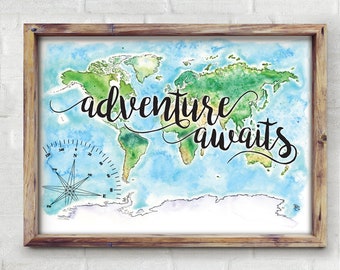 Adventure Awaits World Map Wall Art, New Baby Gift or Nursery Art, Baby Shower Gift, Watercolor Painting Inspirational wall art