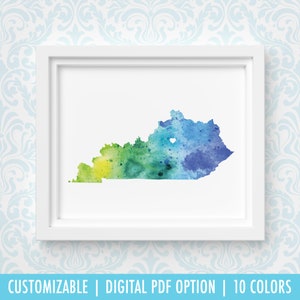 Impression d'art Kentucky, art de carte personnalisé, aquarelle originale, impression de carte de coeur, cadeau de Noël personnalisé ou cadeau de déménagement