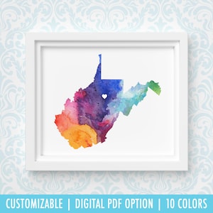 Impression de Virginie-Occidentale, art de carte personnalisé, aquarelle originale, impression de carte de coeur, cadeau de Noël personnalisé ou cadeau de déménagement