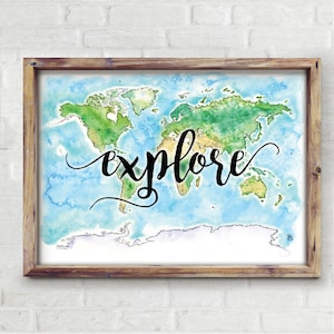 Explorez l’art mural de la carte du monde, la peinture à l’aquarelle l’art mural inspirant, le cadeau du nouveau bébé ou l’art de la crèche, le cadeau de la douche de bébé, le cadeau de pendaison de crémaillère