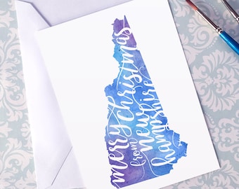 New Hampshire Art Holiday Card, Merry Christmas from New Hampshire map greeting card, watercolor painting, Merry Christmas from a distance