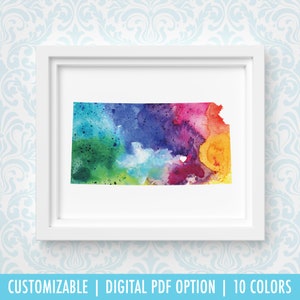 Impression d'art du Kansas, art de carte personnalisé, aquarelle originale, impression de carte de coeur, cadeau de Noël personnalisé ou cadeau de déménagement
