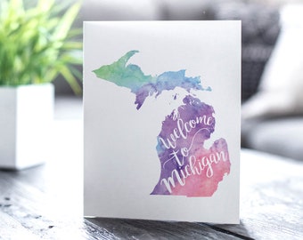 Welcome to Michigan map art greeting cards, blank greeting card, watercolor painting of Michigan art, moving house card, moving away gift