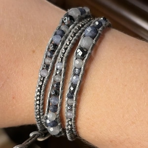 Chan Luu Gray Leather Beaded Wrap Bracelet Button Closure Adjustable Signed 925