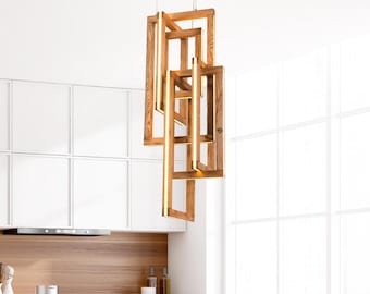 Modern Wooden Chandelier for Foyer and Chic Staircase | Handcrafted Contemporary Lamp | Vabi-Sabi Lamp Lighting | INTERLACEMENT
