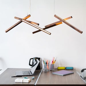 Modern Wooden Chandelier Long LED Pendant Light, Abstract Industrial Lighting, Eco-Friendly Ceiling Fixture for Dining Room DNA-S