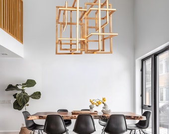 Wooden Chandelier, Abstract Loft Big foyer wooden light, unique large lighting, modern huge light fixture, entryway chandelier, CUBE