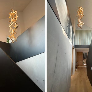 Wooden Staircase Chandelier GENESIS, staiway wooden lighting, staircase chandelier, long suspension lighting, modern staircase lighting image 2
