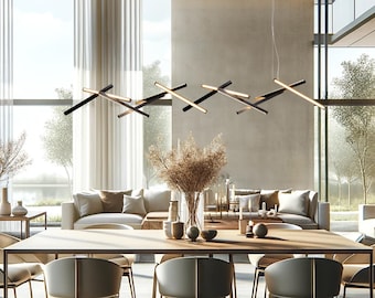 Modern Wooden Chandelier Long LED Pendant Light, Abstract Industrial Lighting, Eco-Friendly Ceiling Fixture for Dining Room DNA-S