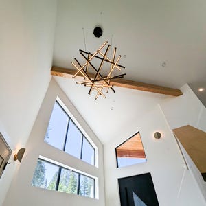 Large Wooden Chandelier with LED Lighting | Modern Geometric Ceiling Fixture | Loft Wooden Lighting | Two Story Chandelier image 4