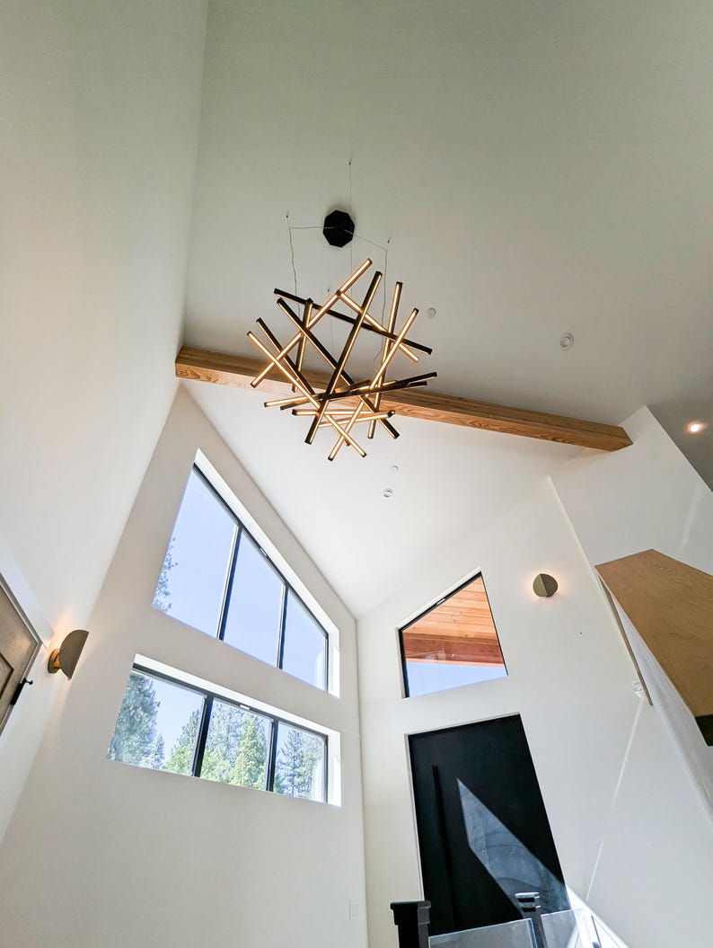Large Wooden Chandelier with LED Lighting | Modern Geometric Ceiling Fixture | Loft Wooden Lighting | Two Story Chandelier image 4