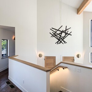 Large Wooden Chandelier with LED Lighting | Modern Geometric Ceiling Fixture | Loft Wooden Lighting | Two Story Chandelier image 5