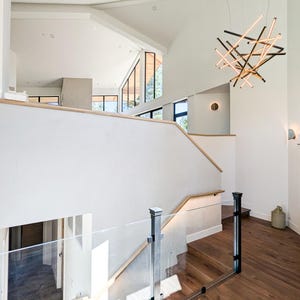 Large Wooden Chandelier with LED Lighting | Modern Geometric Ceiling Fixture | Loft Wooden Lighting | Two Story Chandelier image 3