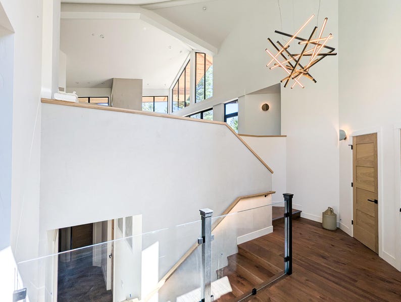 Large Wooden Chandelier with LED Lighting | Modern Geometric Ceiling Fixture | Loft Wooden Lighting | Two Story Chandelier image 3