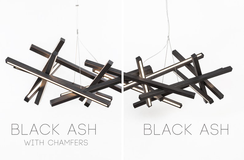 Handcrafted wooden industrial modern chandelier Infinity in 2 variants of black color and black with brown chamfers.