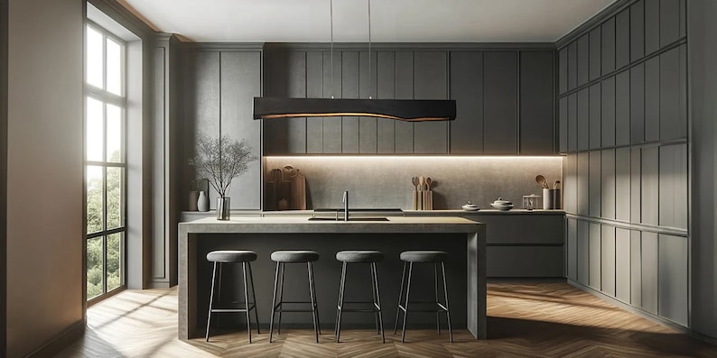 Minimalist wooden pendant light in Japandi style installed above a kitchen island. Sleek, modern design with natural materials