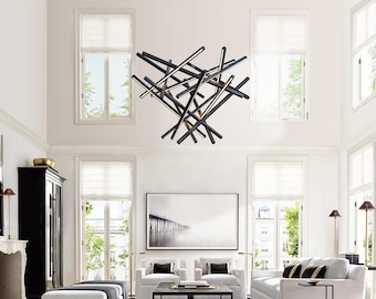 Large Wooden Chandelier with LED Lighting | Modern Geometric Ceiling Fixture | Loft Wooden Lighting | Two Story Chandelier