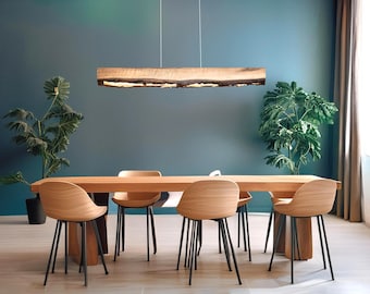 Walnut Wood Rustic Light Fixture, Wooden Farmhouse Live Edge Chandelier For Dinning Room, Unique Ceiling Light For Dining Table and Kitchen