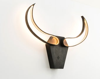 Wood Bull LED lights with metal- BULL SKULL lighting, Loft Lights, Wooden Lighting, Metal Lights, Sconce Lighting, Modern Wall Decoration