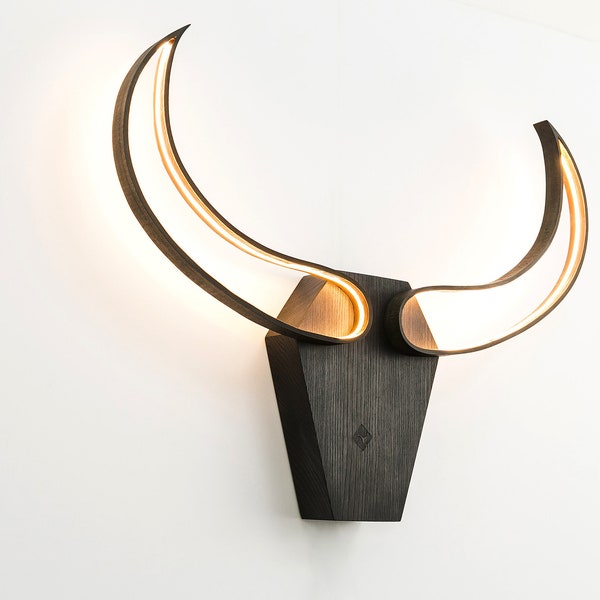 Wood Bull LED lights with metal- BULL SKULL lighting, Loft Lights, Wooden Lighting, Metal Lights, Sconce Lighting, Modern Wall Decoration