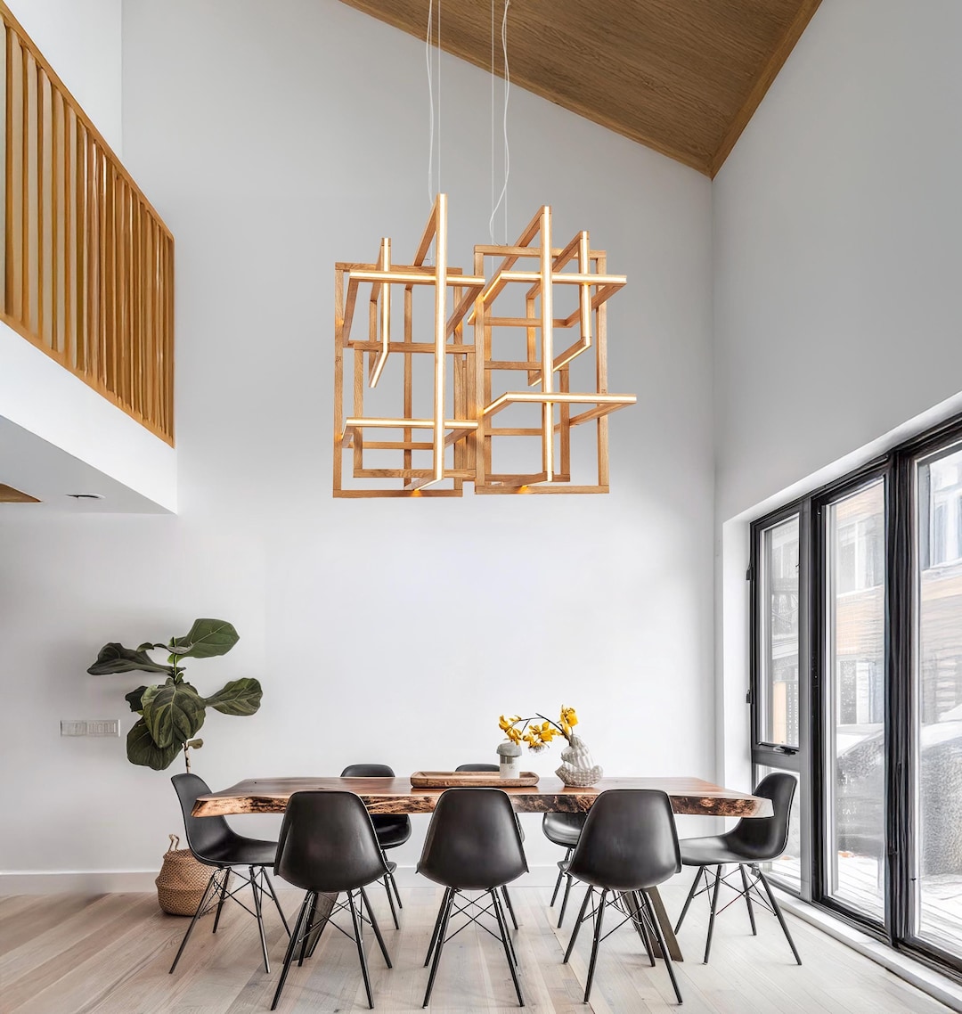 Wooden Chandelier, Abstract Loft Big Foyer Wooden Light, Unique