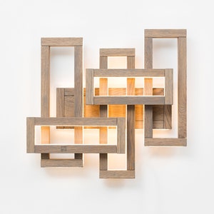 LED Wall Art – Geometric Wooden Wall Light – Handmade Oak Lighting Decor – Minimalist LED Wandbeleuchtung – Modern Light Sculpture for Home