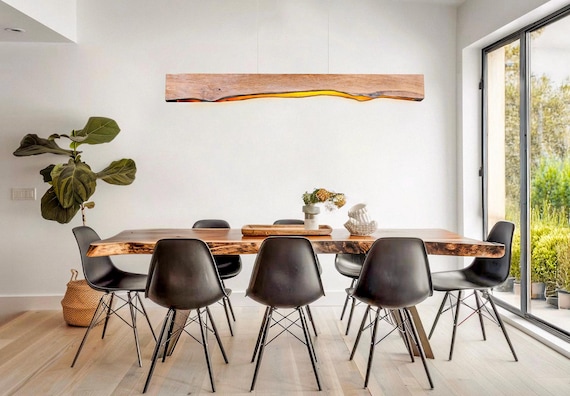 Oak Wood Rustic Light Fixture, Farmhouse Wooden Live Edge Chandelier For Dining Room, Unique Ceiling Light For Dining Table and Kitchen