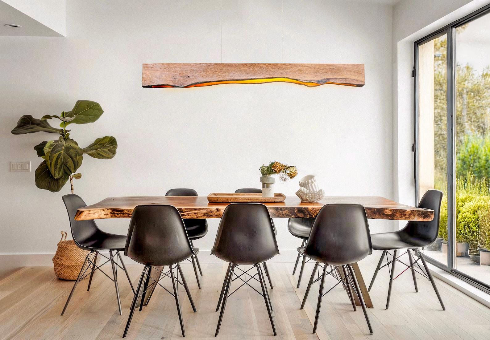 Eichenholz rustikale Leuchte, Bauernhaus Holz Live Edge Kronleuchter für Esszimmer, einzigartige Deckenleuchte für Esstisch und Küche