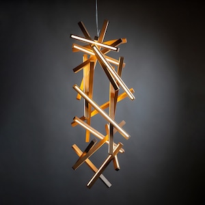 Wooden Staircase Chandelier GENESIS, staiway wooden lighting, staircase chandelier, long suspension lighting, modern staircase lighting