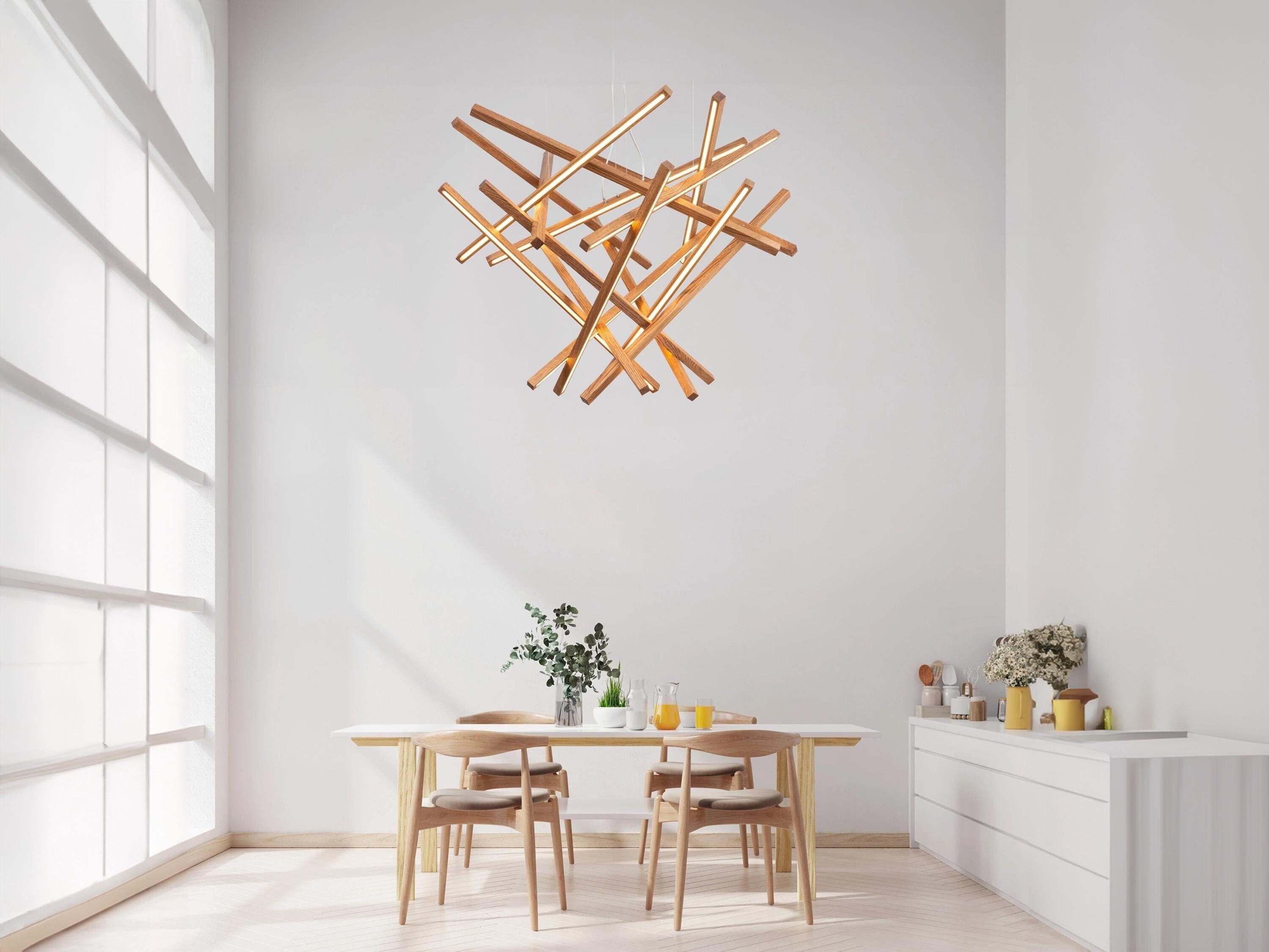 Diamond Wooden Chandelier – Large Modern LED Pendant Light – Loft Ceiling Fixture | Best for Foyer Chandeliers.