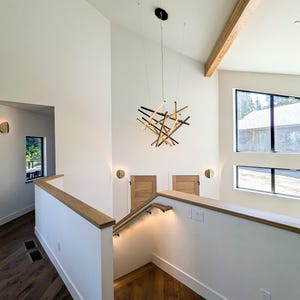 Large Wooden Chandelier with LED Lighting | Modern Geometric Ceiling Fixture | Loft Wooden Lighting | Two Story Chandelier image 2