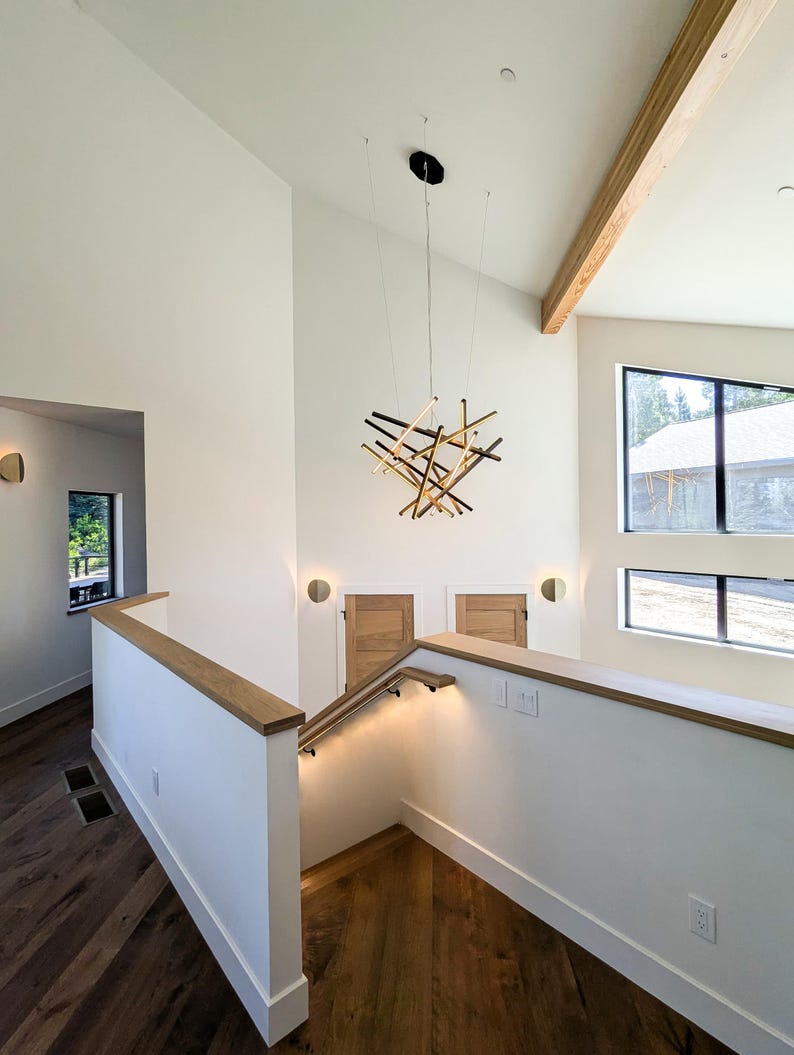 Large Wooden Chandelier with LED Lighting | Modern Geometric Ceiling Fixture | Loft Wooden Lighting | Two Story Chandelier image 2