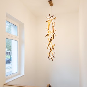 Modern Geometric Wooden Chandelier | Unique LED Pendant Light for Dining Room, Living Room, or Foyer | Handmade Artisanal Lighting Fixture