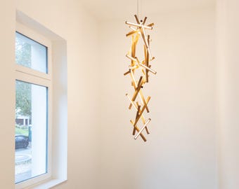 Modern Geometric Wooden Chandelier | Unique LED Pendant Light for Dining Room, Living Room, or Foyer | Handmade Artisanal Lighting Fixture