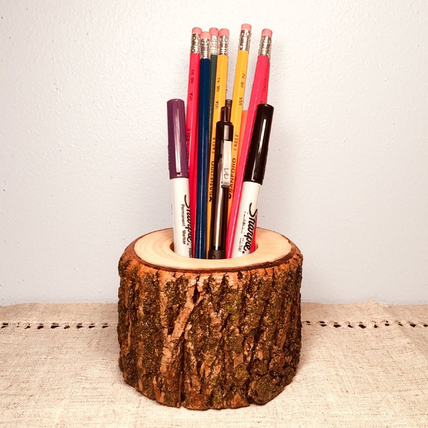 Wood Pen and Pencil Holder, Natural Tree Wood Office Organizer, Wooden Pen and Pencil Cup Holder, Rustic Office Accessories, Gifts Under 20