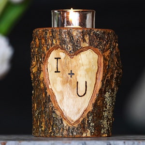 Custom Etched Initials Wood Heart Tealight or Votive Candle Holder | Personalize Your Initials Burned In Wood | 5 Year Wood Anniversary Gift