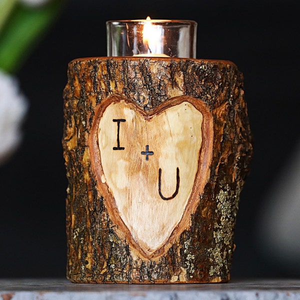 Custom Etched Initials Wood Heart Tealight or Votive Candle Holder | Personalize Your Initials Burned In Wood | 5 Year Wood Anniversary Gift