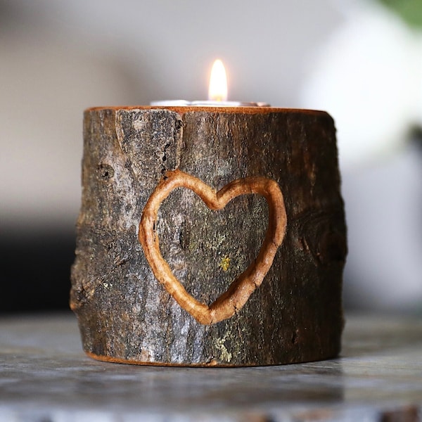 Hand Carved Heart Wood Tea Light Candle Holder, Live Edge Wood Bark Tealight, Rustic Style Home Decor, Unique Gift For Your Love