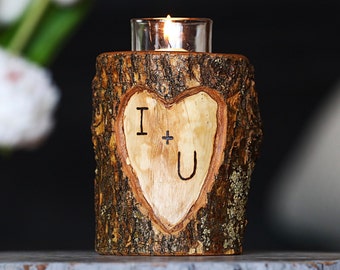 Custom Etched Initials Wood Heart Tealight or Votive Candle Holder | Personalize Your Initials Burned In Wood | 5 Year Wood Anniversary Gift