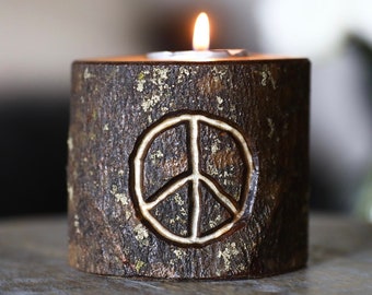 Peace Sign Hand Carved Wood TeaLight Candle Holder