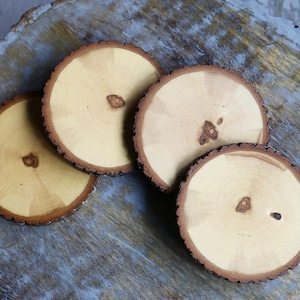 Puede incluir: Cuatro posavasos de madera natural de color marrón claro con un borde rugoso y texturizado. Los posavasos están apilados sobre una superficie de madera gris.